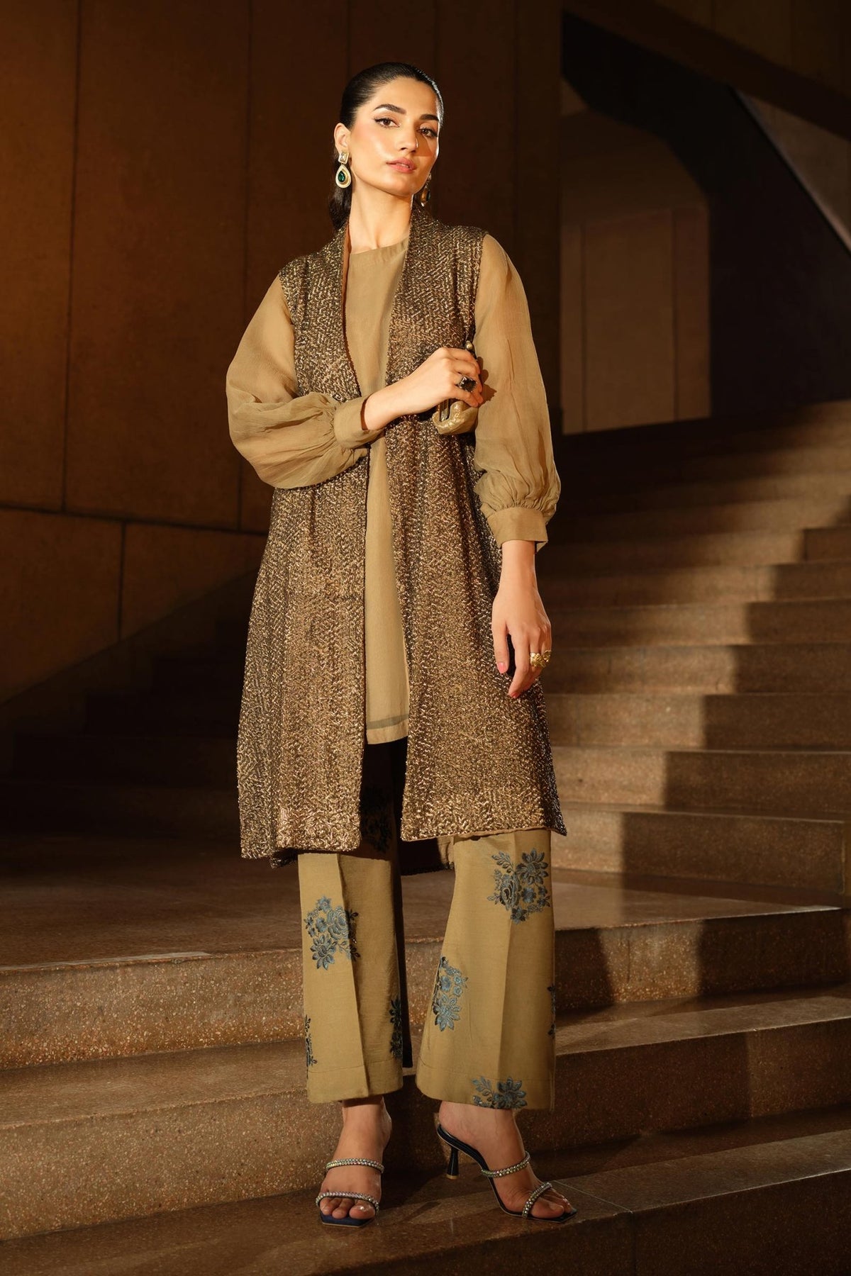 Maria B | RTW | 3 Piece Embroidered Raw Silk Suit-Brand:Maria B-Type:Luxury Formals-Brown - House of Maryam- Buy in UK, USA