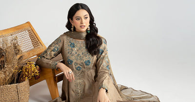 Maria B | RTW | 3 Piece Embroidered Raw Silk Suit-Brand:Maria B-Type:Luxury Formals-Brown - House of Maryam- Buy in UK, USA