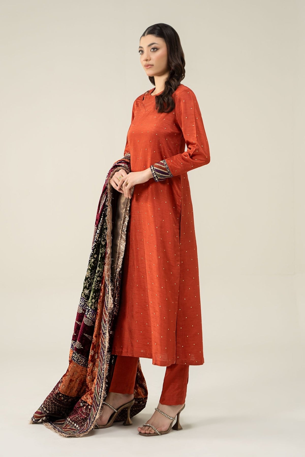 Maria B | RTW | 3 Piece Embroidered Raw Silk Suit-Brand:Maria B-Type:Luxury Formals-Brown - House of Maryam- Buy in UK, USA