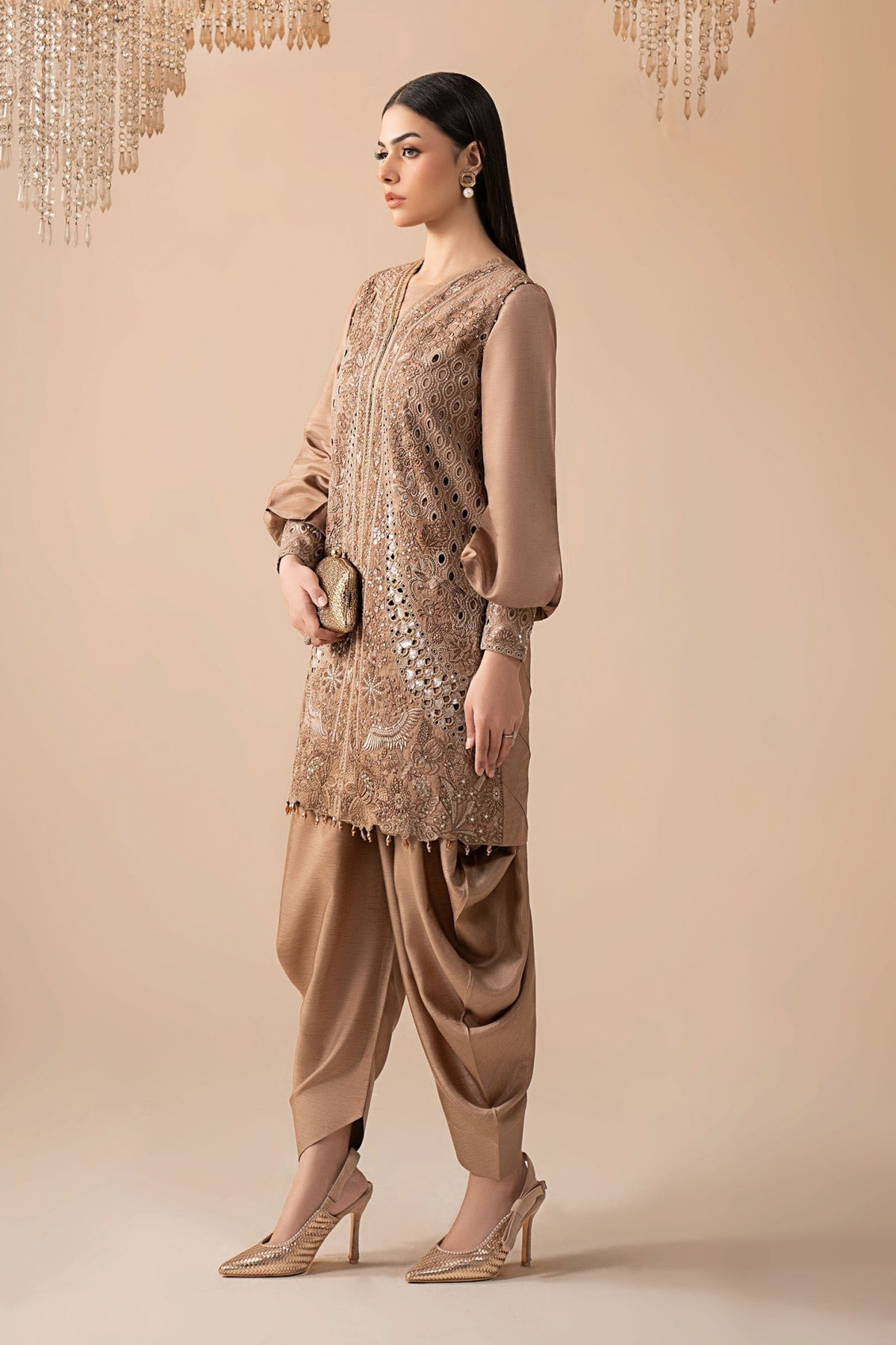 Maria B | RTW | 3 Piece Embroidered Raw Silk Suit-Brand:Maria B-Type:Luxury Formals-Brown - House of Maryam- Buy in UK, USA