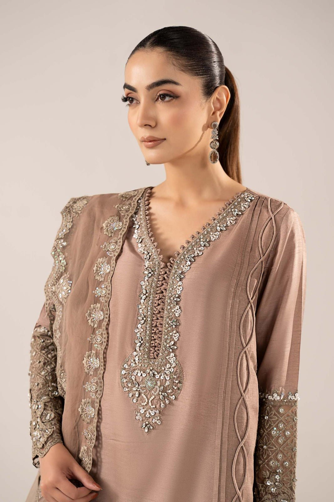 Maria B | RTW | 3 Piece Embroidered Raw Silk Suit-Brand:Maria B-Type:Luxury Formals-Brown - House of Maryam- Buy in UK, USA