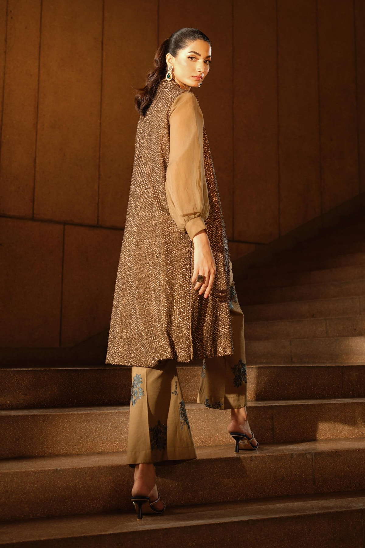 Maria B | RTW | 3 Piece Embroidered Raw Silk Suit-Brand:Maria B-Type:Luxury Formals-Brown - House of Maryam- Buy in UK, USA