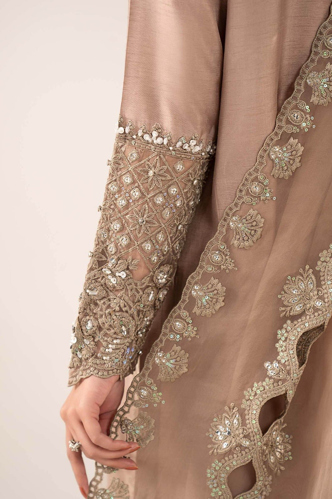 Maria B | RTW | 3 Piece Embroidered Raw Silk Suit-Brand:Maria B-Type:Luxury Formals-Brown - House of Maryam- Buy in UK, USA