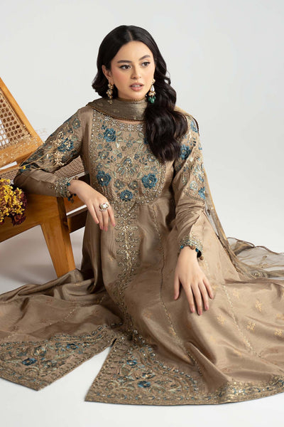 Maria B | RTW | 3 Piece Embroidered Raw Silk Suit-Brand:Maria B-Type:Luxury Formals-Brown - House of Maryam- Buy in UK, USA
