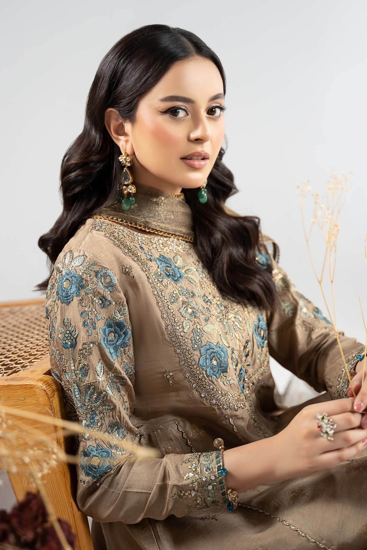 Maria B | RTW | 3 Piece Embroidered Raw Silk Suit-Brand:Maria B-Type:Luxury Formals-Brown - House of Maryam- Buy in UK, USA