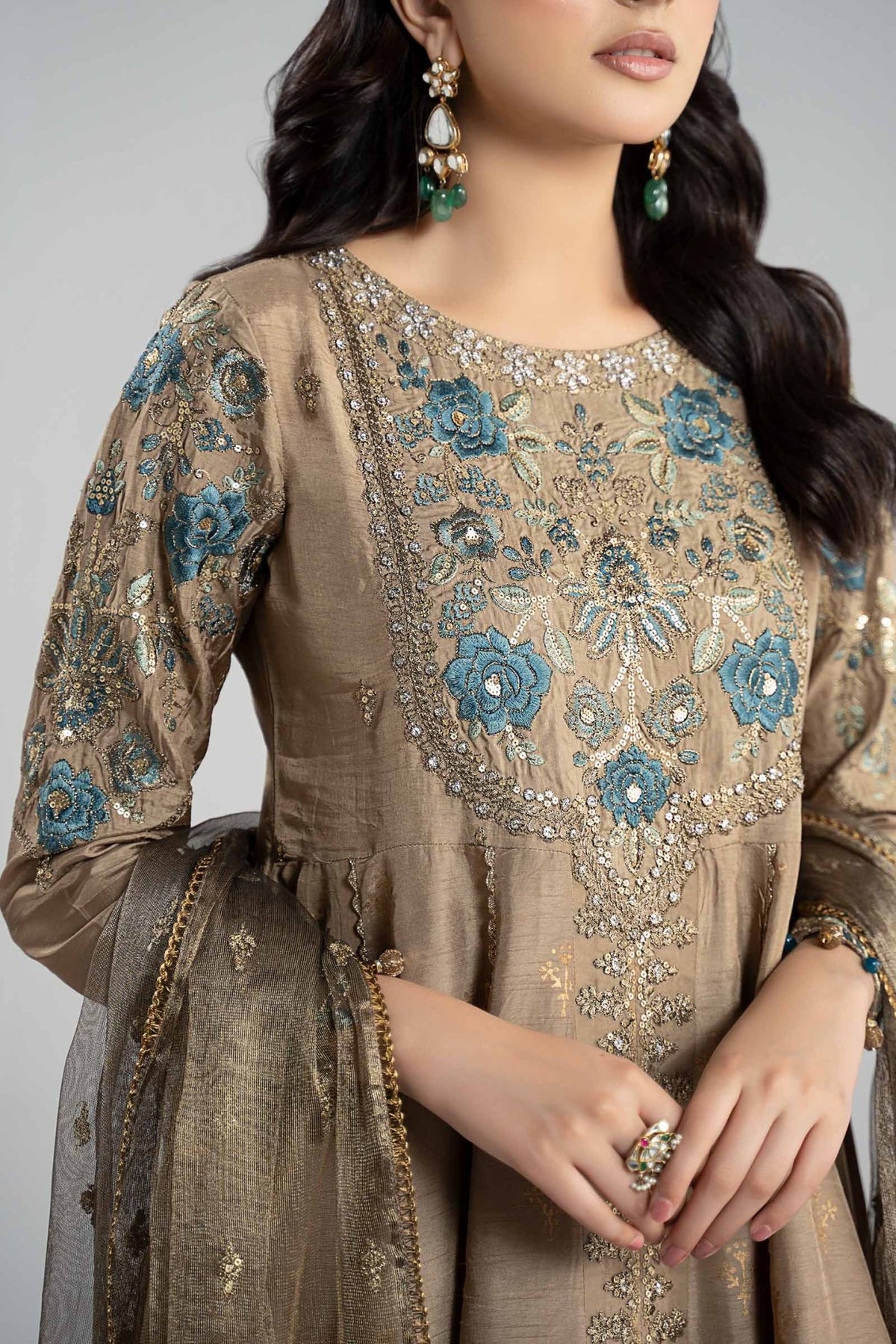 Maria B | RTW | 3 Piece Embroidered Raw Silk Suit-Brand:Maria B-Type:Luxury Formals-Brown - House of Maryam- Buy in UK, USA