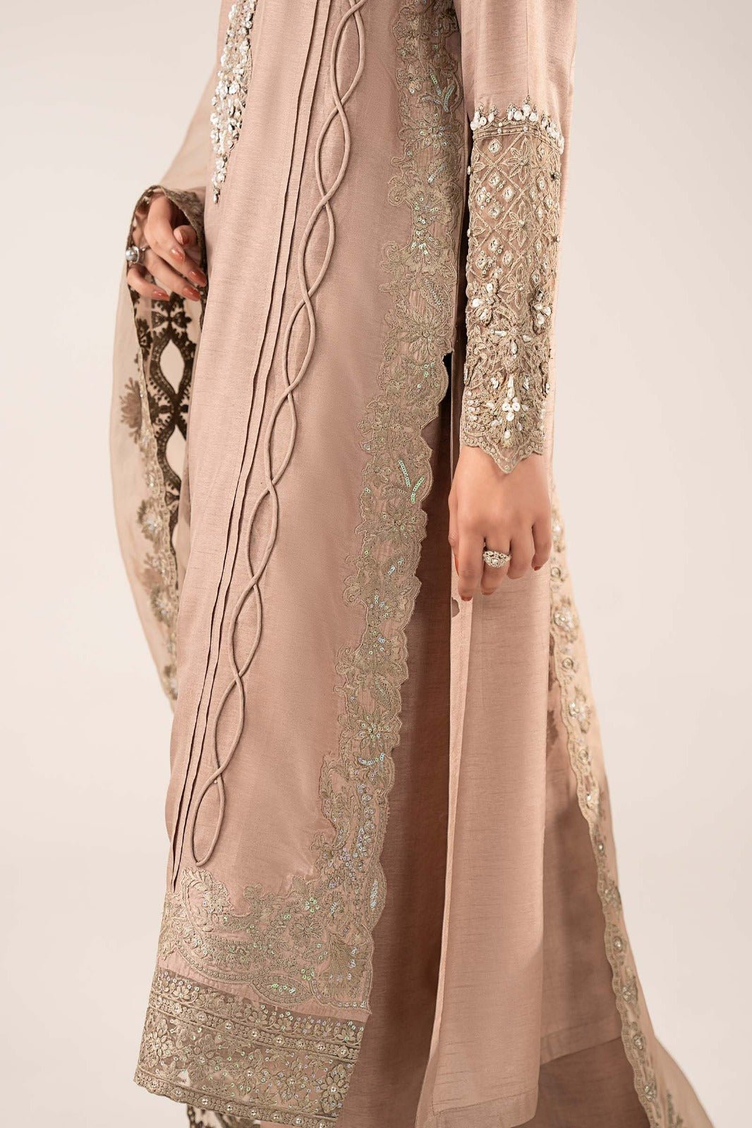 Maria B | RTW | 3 Piece Embroidered Raw Silk Suit-Brand:Maria B-Type:Luxury Formals-Brown - House of Maryam- Buy in UK, USA