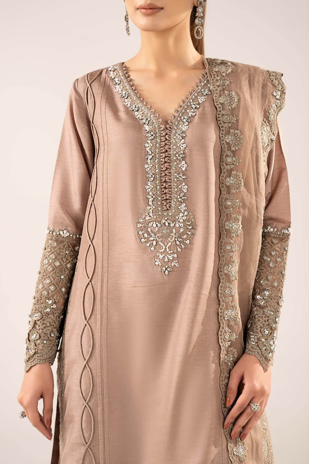 Maria B | RTW | 3 Piece Embroidered Raw Silk Suit-Brand:Maria B-Type:Luxury Formals-Brown - House of Maryam- Buy in UK, USA