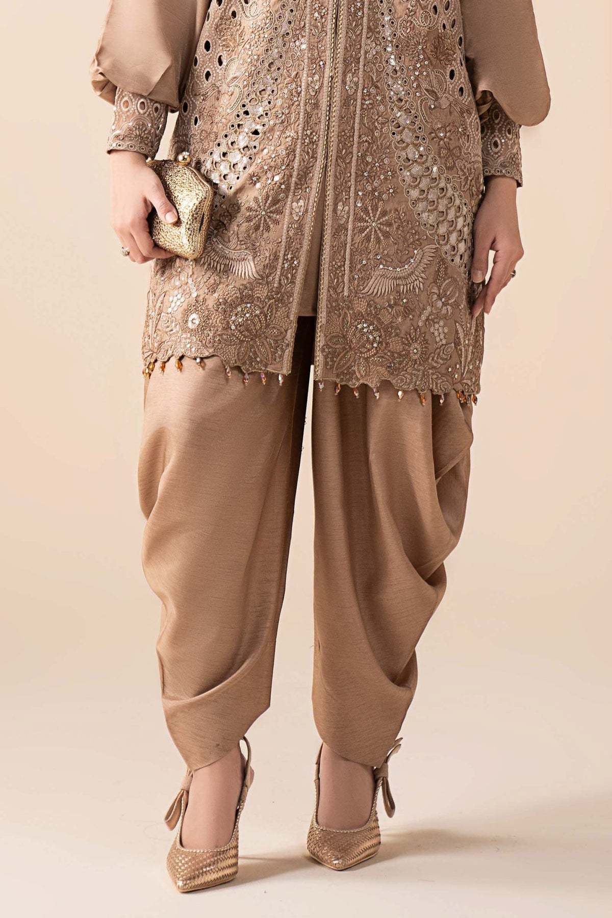 Maria B | RTW | 3 Piece Embroidered Raw Silk Suit-Brand:Maria B-Type:Luxury Formals-Brown - House of Maryam- Buy in UK, USA