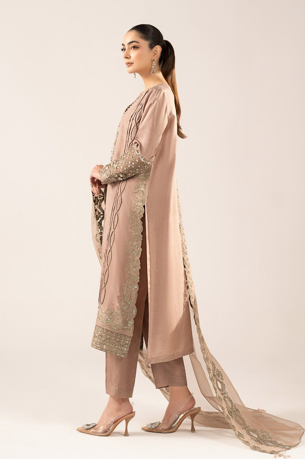 Maria B | RTW | 3 Piece Embroidered Raw Silk Suit-Brand:Maria B-Type:Luxury Formals-Brown - House of Maryam- Buy in UK, USA