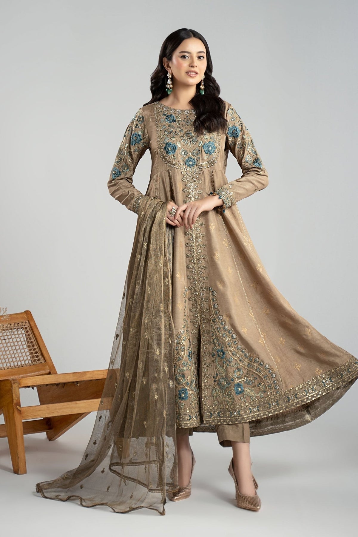 Maria B | RTW | 3 Piece Embroidered Raw Silk Suit-Brand:Maria B-Type:Luxury Formals-Brown - House of Maryam- Buy in UK, USA