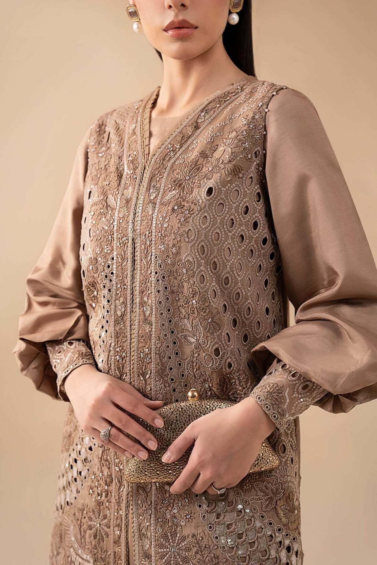 Maria B | RTW | 3 Piece Embroidered Raw Silk Suit-Brand:Maria B-Type:Luxury Formals-Brown - House of Maryam- Buy in UK, USA
