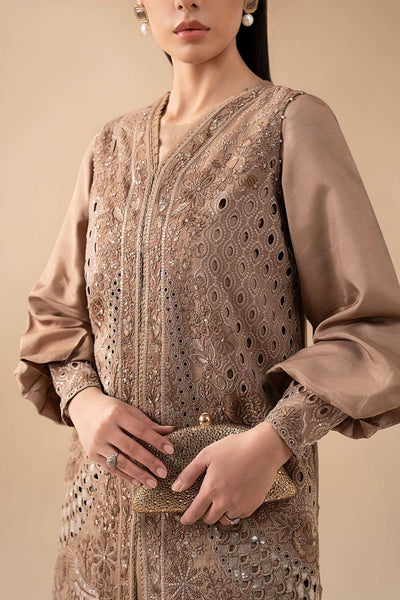 Maria B | RTW | 3 Piece Embroidered Raw Silk Suit-Brand:Maria B-Type:Luxury Formals-Brown - House of Maryam- Buy in UK, USA
