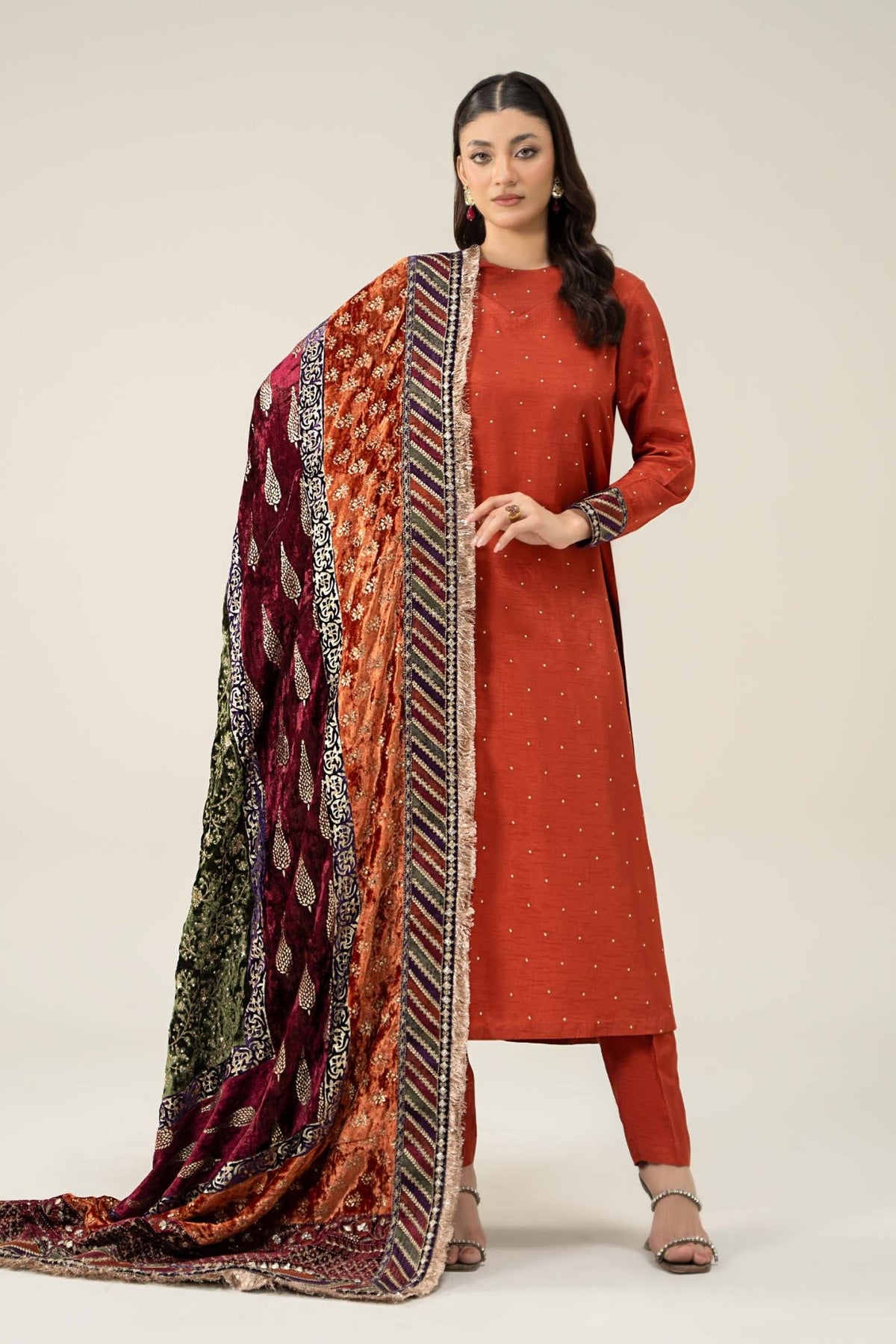 Maria B | RTW | 3 Piece Embroidered Raw Silk Suit-Brand:Maria B-Type:Luxury Formals-Brown - House of Maryam- Buy in UK, USA