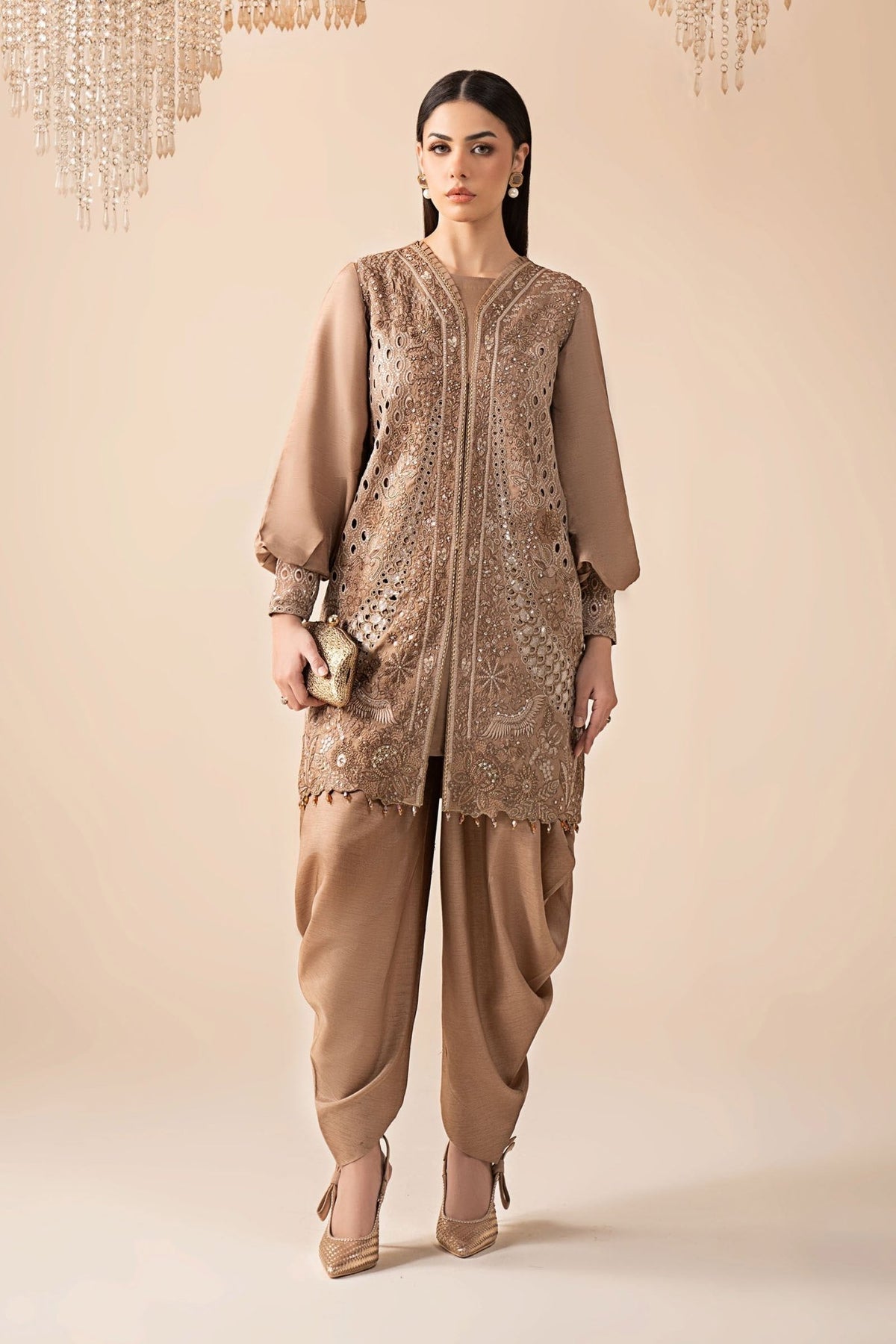 Maria B | RTW | 3 Piece Embroidered Raw Silk Suit-Brand:Maria B-Type:Luxury Formals-Brown - House of Maryam- Buy in UK, USA