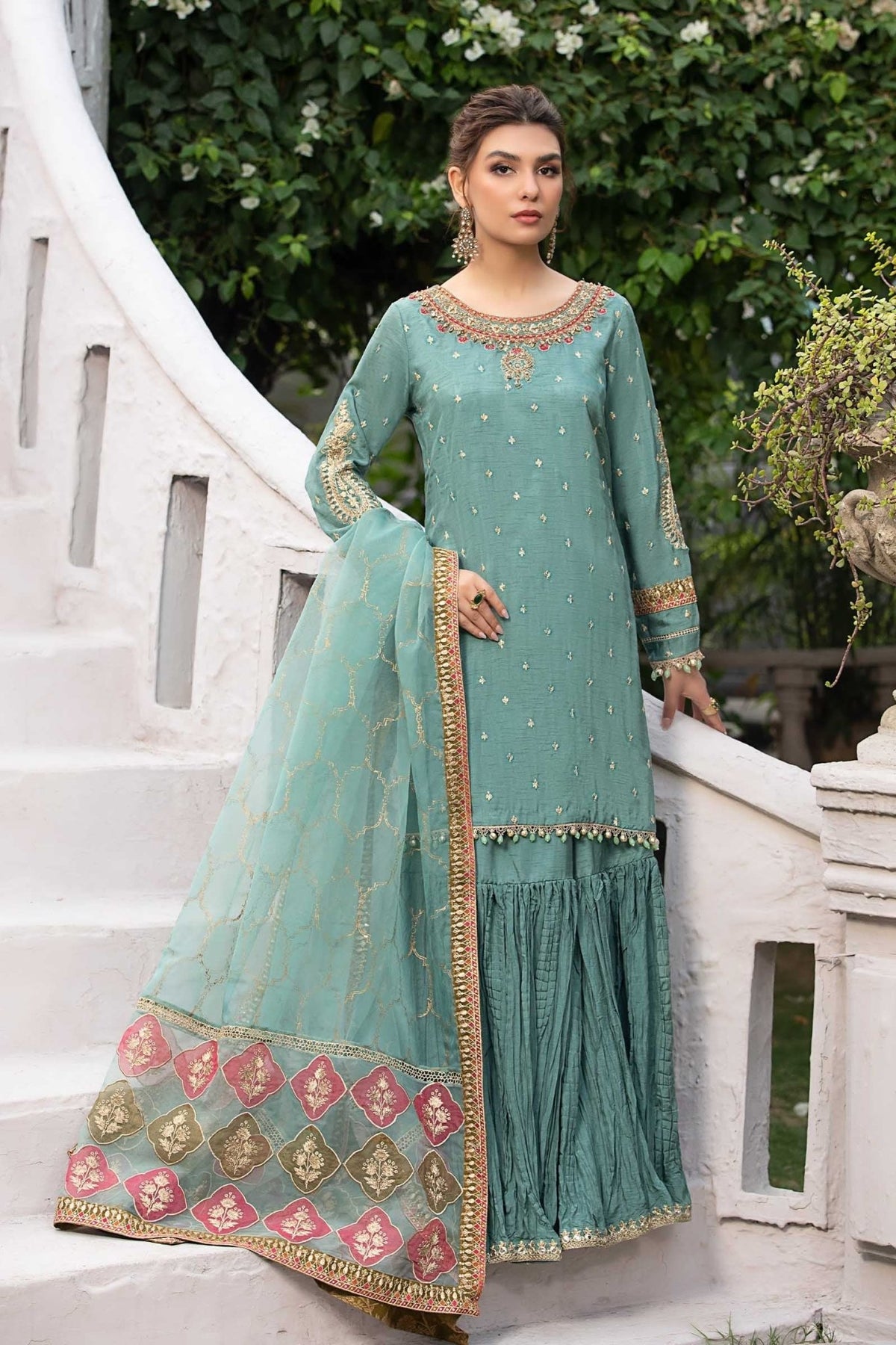 Maria B | RTW | 3 Piece Embroidered Raw Silk Suit-Brand:Maria B-Type:Luxury Formals-Ferozi - House of Maryam- Buy in UK, USA