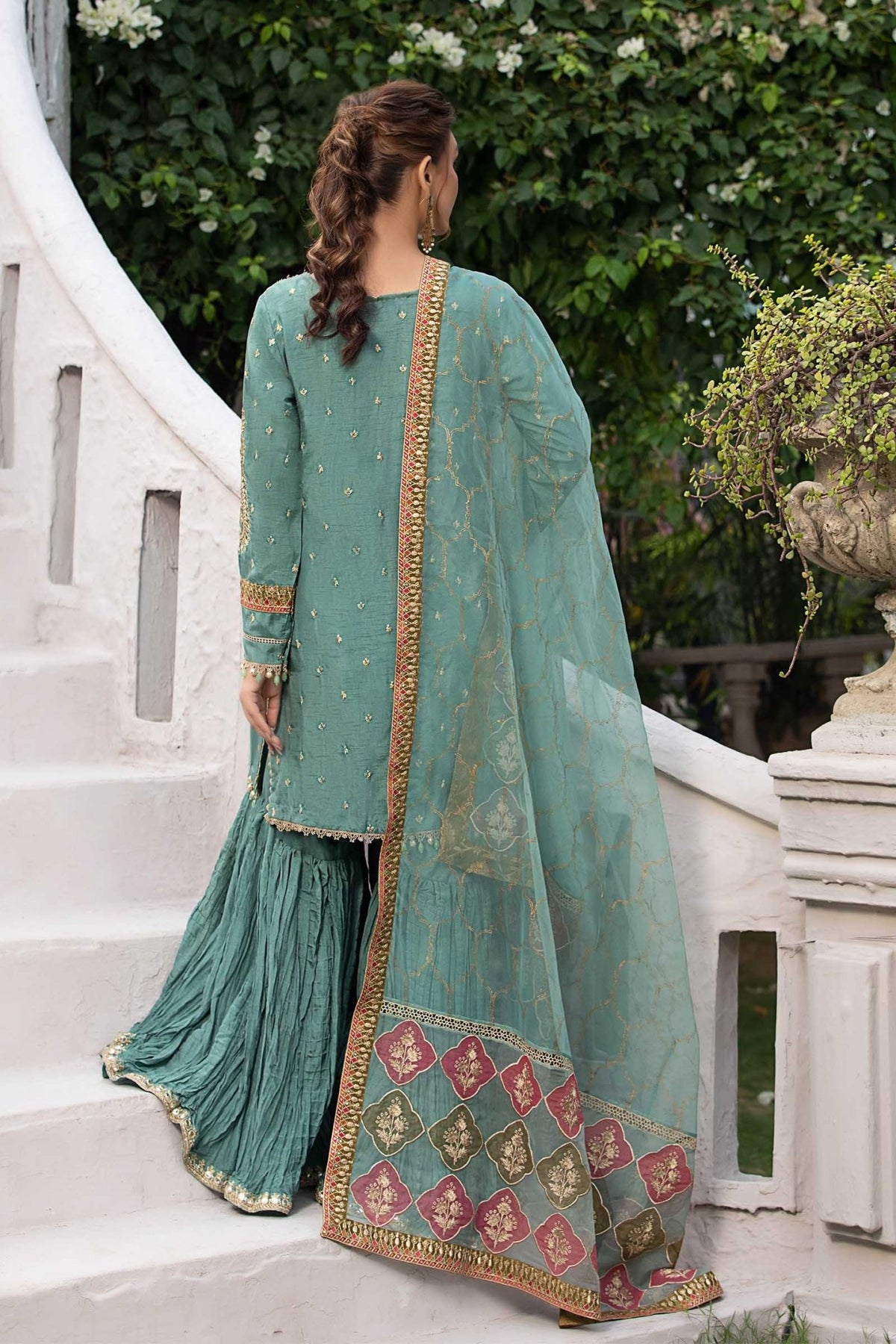 Maria B | RTW | 3 Piece Embroidered Raw Silk Suit-Brand:Maria B-Type:Luxury Formals-Ferozi - House of Maryam- Buy in UK, USA