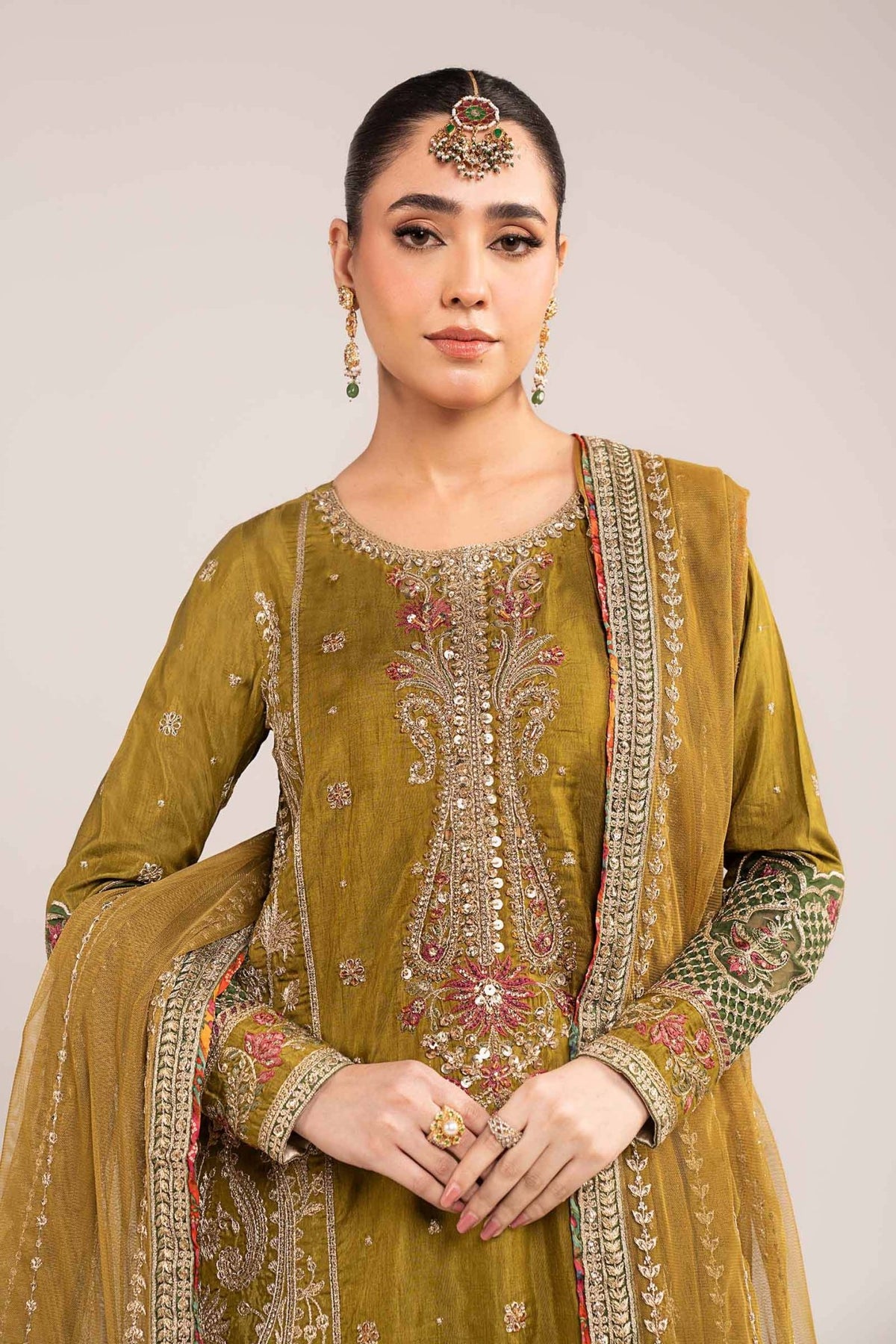 Maria B | RTW | 3 Piece Embroidered Raw Silk Suit-Brand:Maria B-Type:Luxury Formals-Green - House of Maryam- Buy in UK, USA