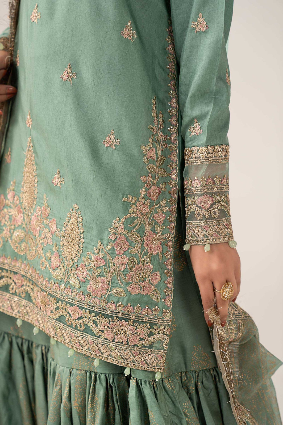 Maria B | RTW | 3 Piece Embroidered Raw Silk Suit-Brand:Maria B-Type:Luxury Formals-Green - House of Maryam- Buy in UK, USA