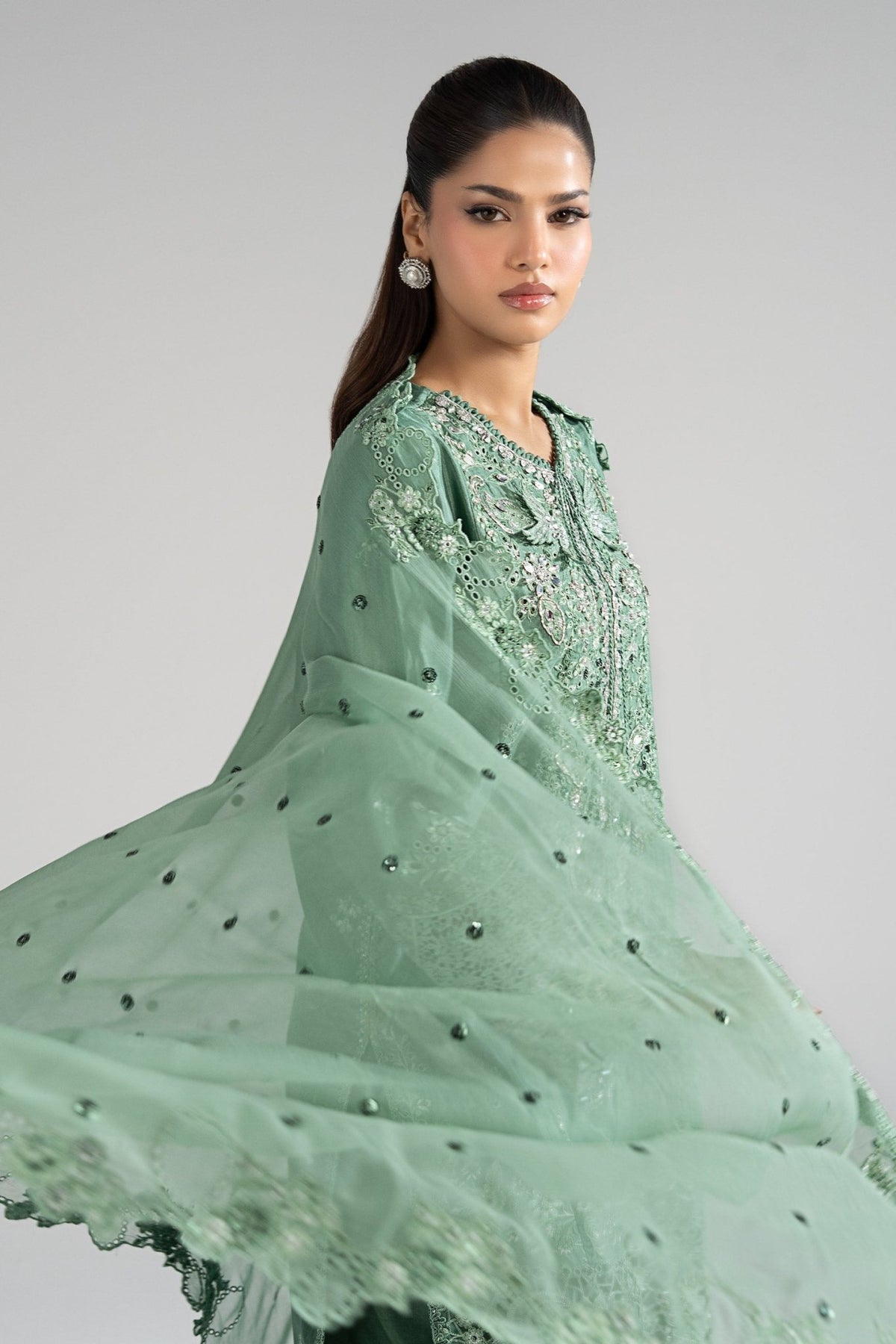 Maria B | RTW | 3 Piece Embroidered Raw Silk Suit-Brand:Maria B-Type:Luxury Formals-Green - House of Maryam- Buy in UK, USA