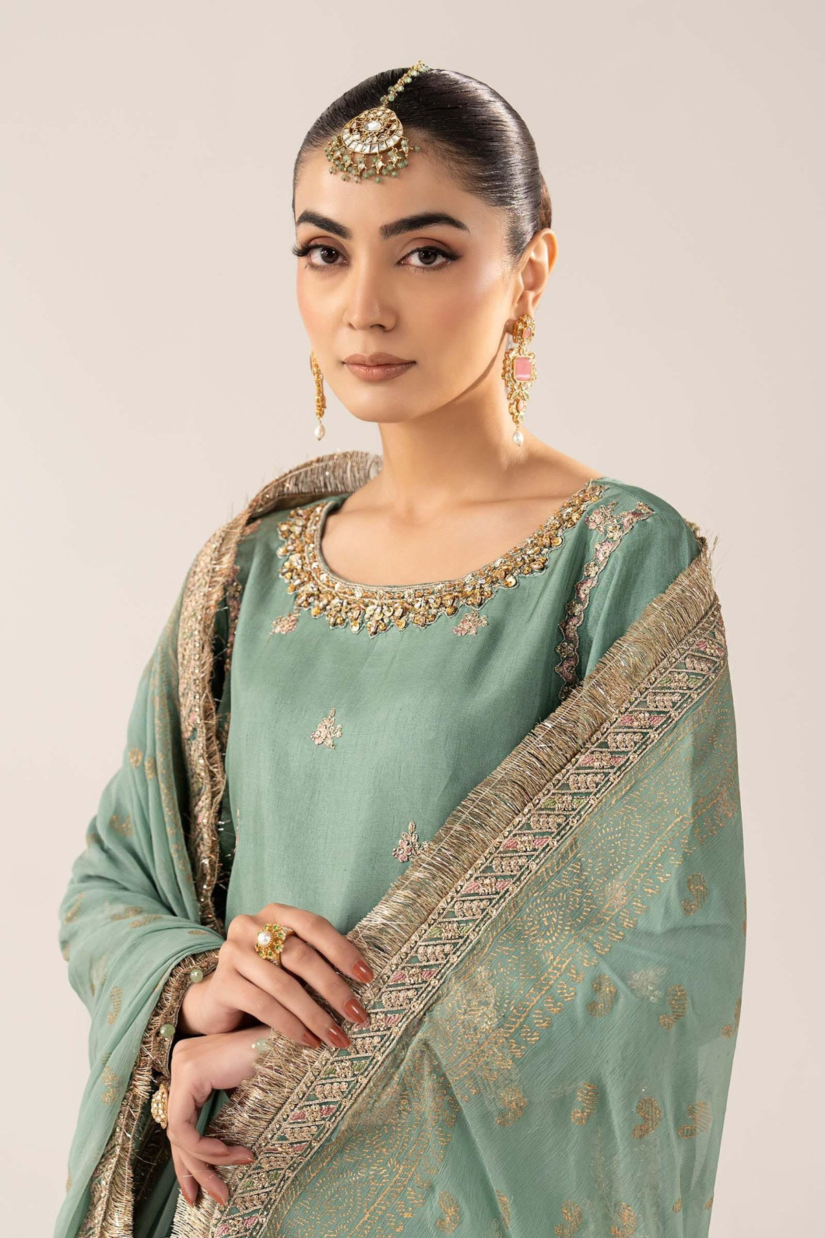 Maria B | RTW | 3 Piece Embroidered Raw Silk Suit-Brand:Maria B-Type:Luxury Formals-Green - House of Maryam- Buy in UK, USA