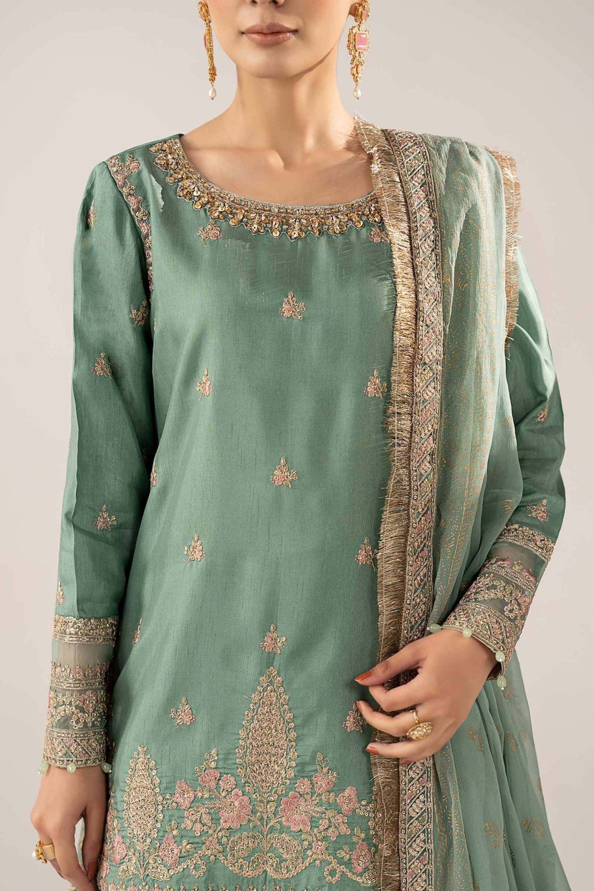 Maria B | RTW | 3 Piece Embroidered Raw Silk Suit-Brand:Maria B-Type:Luxury Formals-Green - House of Maryam- Buy in UK, USA