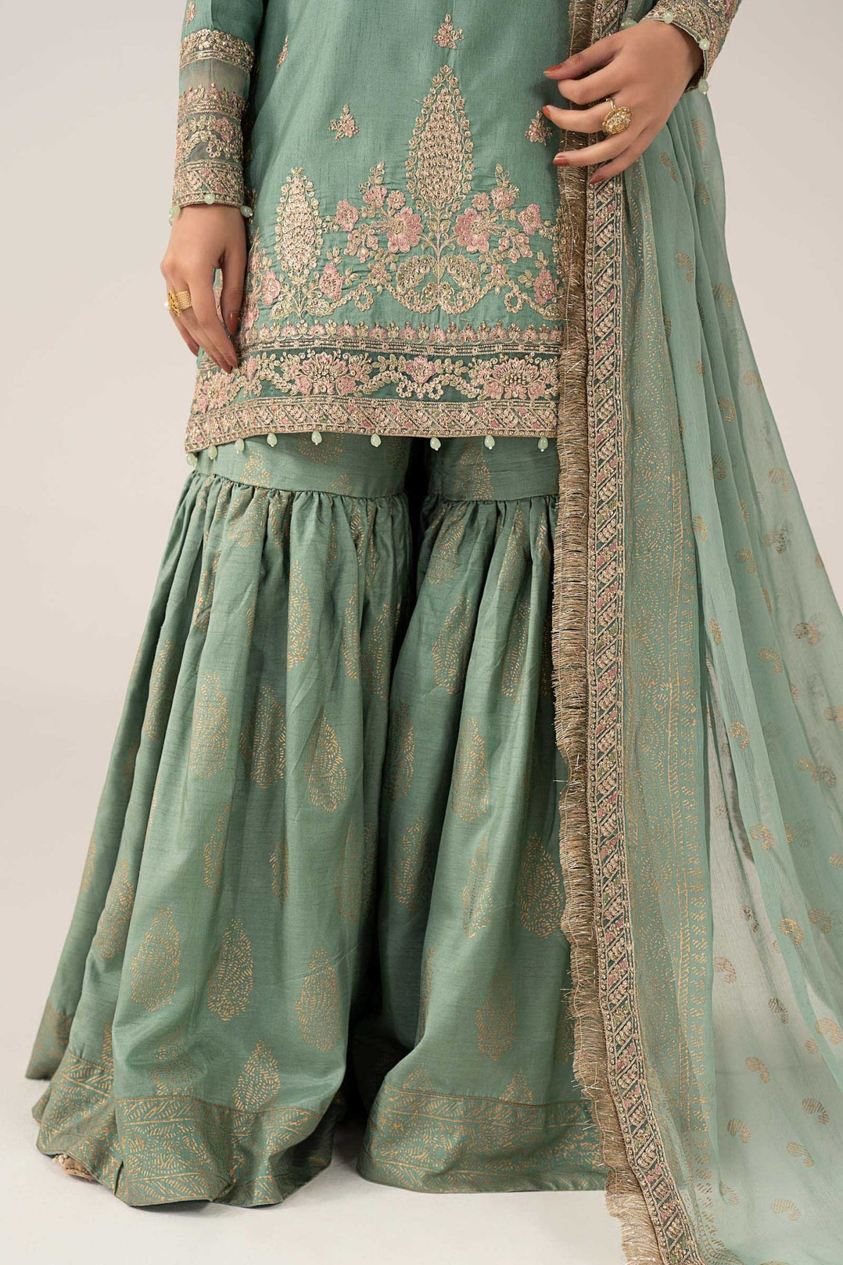 Maria B | RTW | 3 Piece Embroidered Raw Silk Suit-Brand:Maria B-Type:Luxury Formals-Green - House of Maryam- Buy in UK, USA