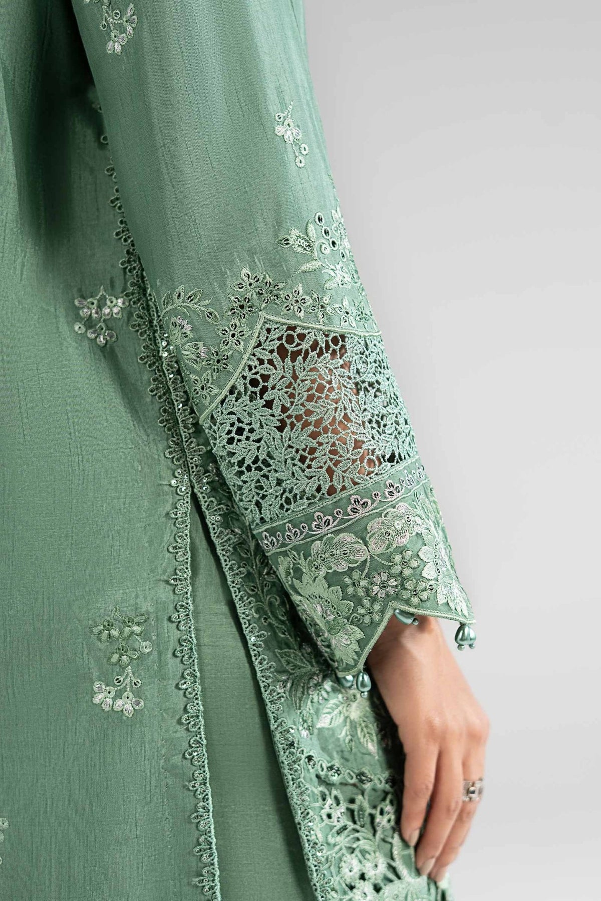 Maria B | RTW | 3 Piece Embroidered Raw Silk Suit-Brand:Maria B-Type:Luxury Formals-Green - House of Maryam- Buy in UK, USA