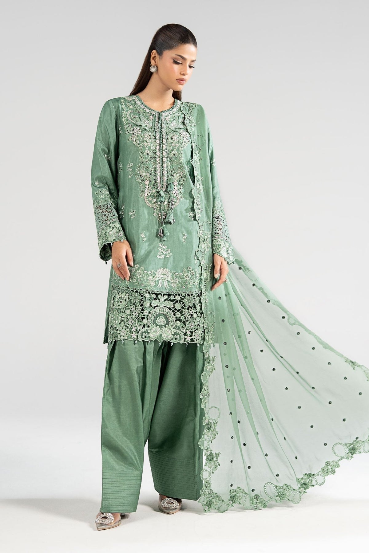 Maria B | RTW | 3 Piece Embroidered Raw Silk Suit-Brand:Maria B-Type:Luxury Formals-Green - House of Maryam- Buy in UK, USA