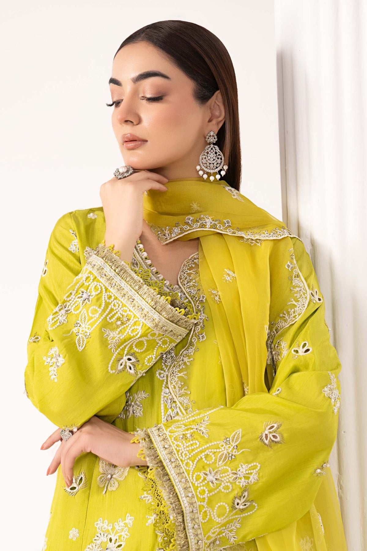 Maria B | RTW | 3 Piece Embroidered Raw Silk Suit-Brand:Maria B-Type:Luxury Formals-Green - House of Maryam- Buy in UK, USA