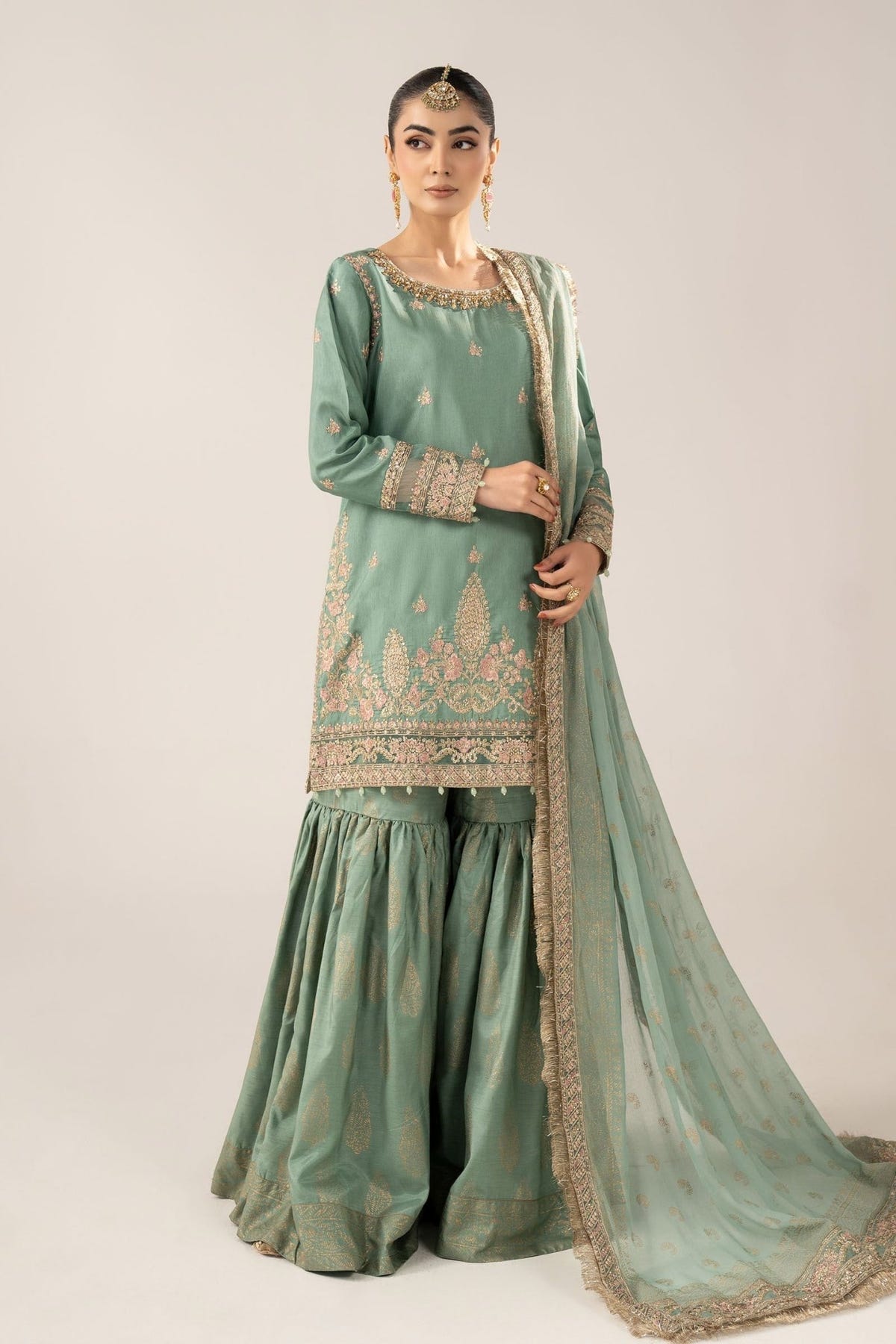 Maria B | RTW | 3 Piece Embroidered Raw Silk Suit-Brand:Maria B-Type:Luxury Formals-Green - House of Maryam- Buy in UK, USA