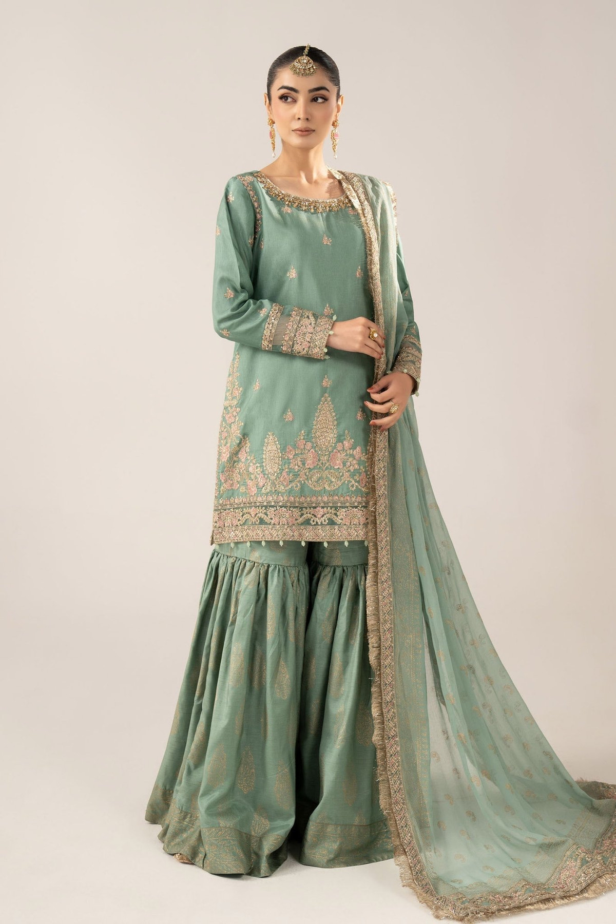 Maria B | RTW | 3 Piece Embroidered Raw Silk Suit-Brand:Maria B-Type:Luxury Formals-Green - House of Maryam- Buy in UK, USA