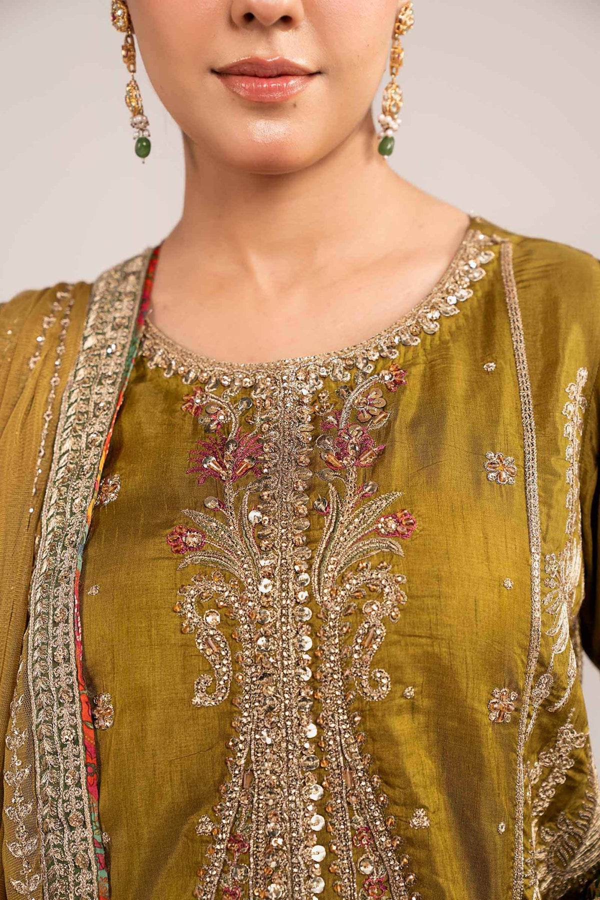 Maria B | RTW | 3 Piece Embroidered Raw Silk Suit-Brand:Maria B-Type:Luxury Formals-Green - House of Maryam- Buy in UK, USA