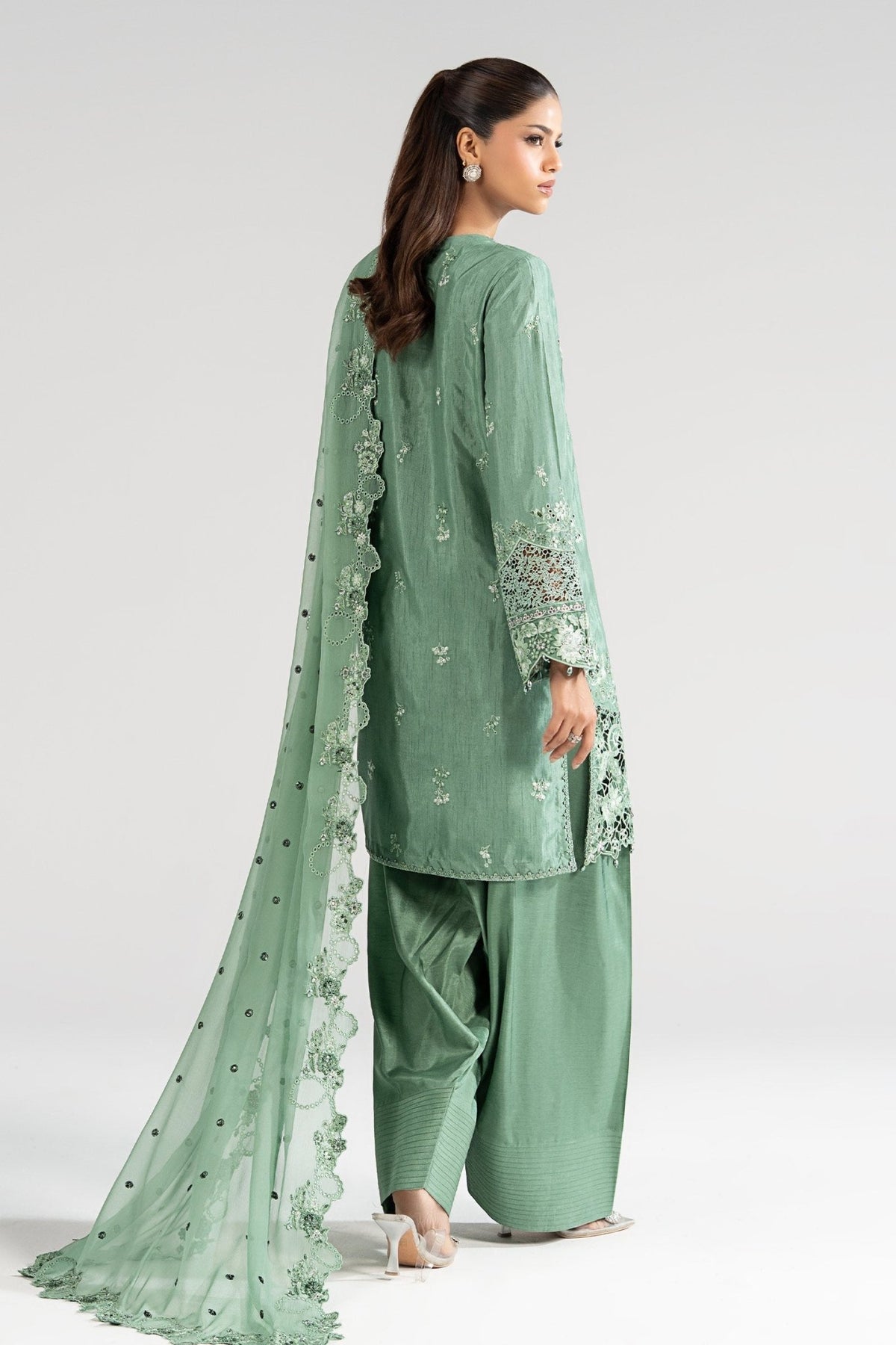 Maria B | RTW | 3 Piece Embroidered Raw Silk Suit-Brand:Maria B-Type:Luxury Formals-Green - House of Maryam- Buy in UK, USA