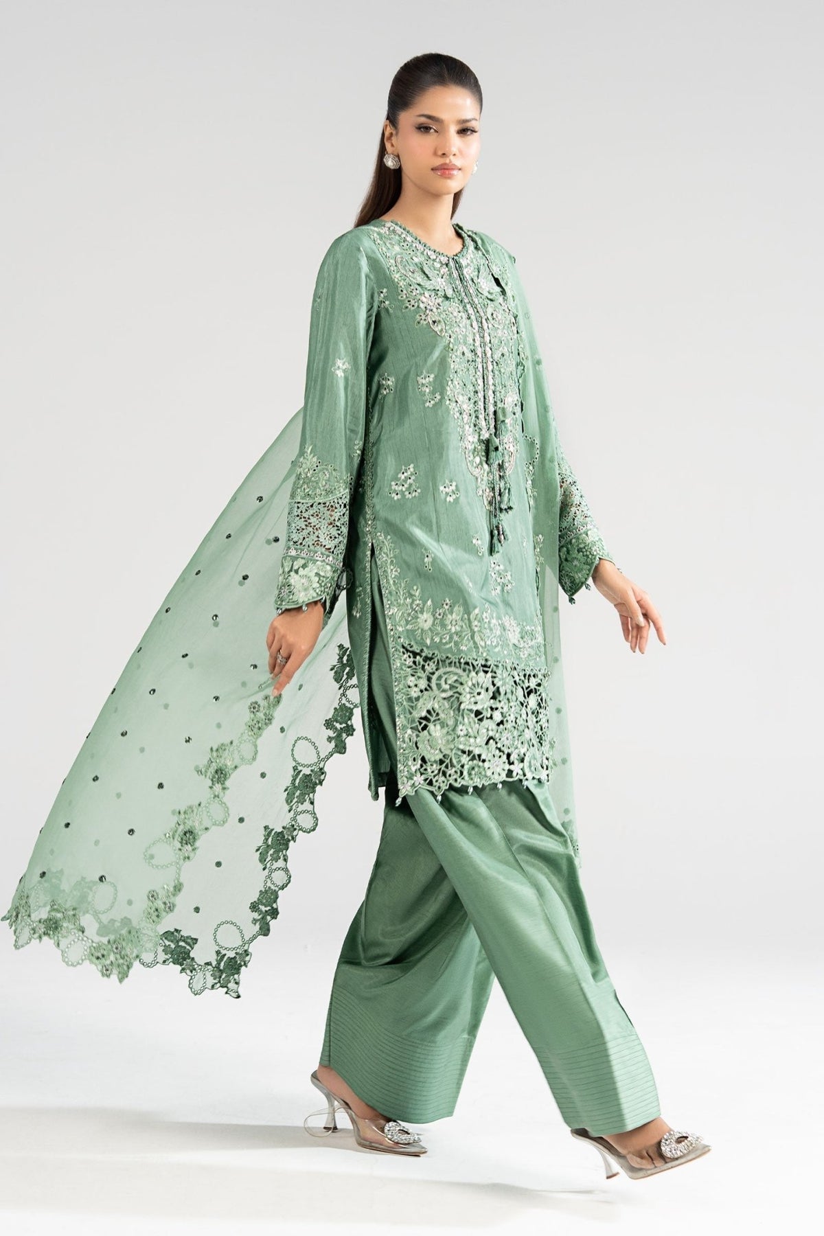 Maria B | RTW | 3 Piece Embroidered Raw Silk Suit-Brand:Maria B-Type:Luxury Formals-Green - House of Maryam- Buy in UK, USA