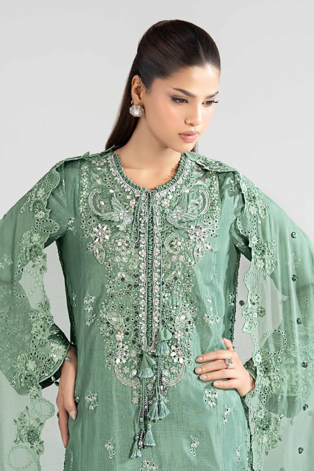 Maria B | RTW | 3 Piece Embroidered Raw Silk Suit-Brand:Maria B-Type:Luxury Formals-Green - House of Maryam- Buy in UK, USA