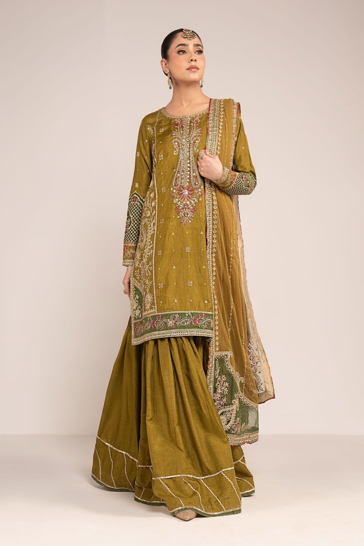 Maria B | RTW | 3 Piece Embroidered Raw Silk Suit-Brand:Maria B-Type:Luxury Formals-Green - House of Maryam- Buy in UK, USA