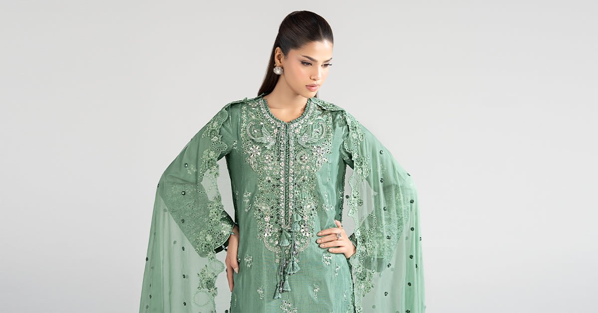 Maria B | RTW | 3 Piece Embroidered Raw Silk Suit-Brand:Maria B-Type:Luxury Formals-Green - House of Maryam- Buy in UK, USA