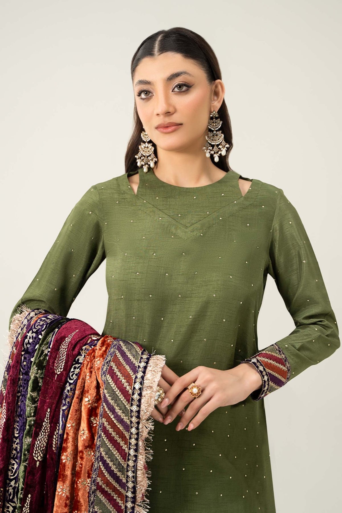 Maria B | RTW | 3 Piece Embroidered Raw Silk Suit-Brand:Maria B-Type:Luxury Formals-Green - House of Maryam- Buy in UK, USA