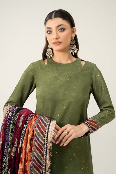 Maria B | RTW | 3 Piece Embroidered Raw Silk Suit-Brand:Maria B-Type:Luxury Formals-Green - House of Maryam- Buy in UK, USA