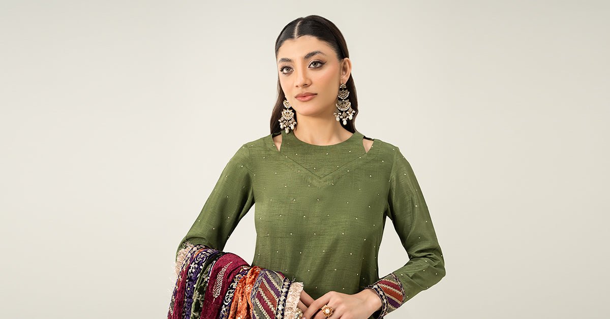 Maria B | RTW | 3 Piece Embroidered Raw Silk Suit-Brand:Maria B-Type:Luxury Formals-Green - House of Maryam- Buy in UK, USA