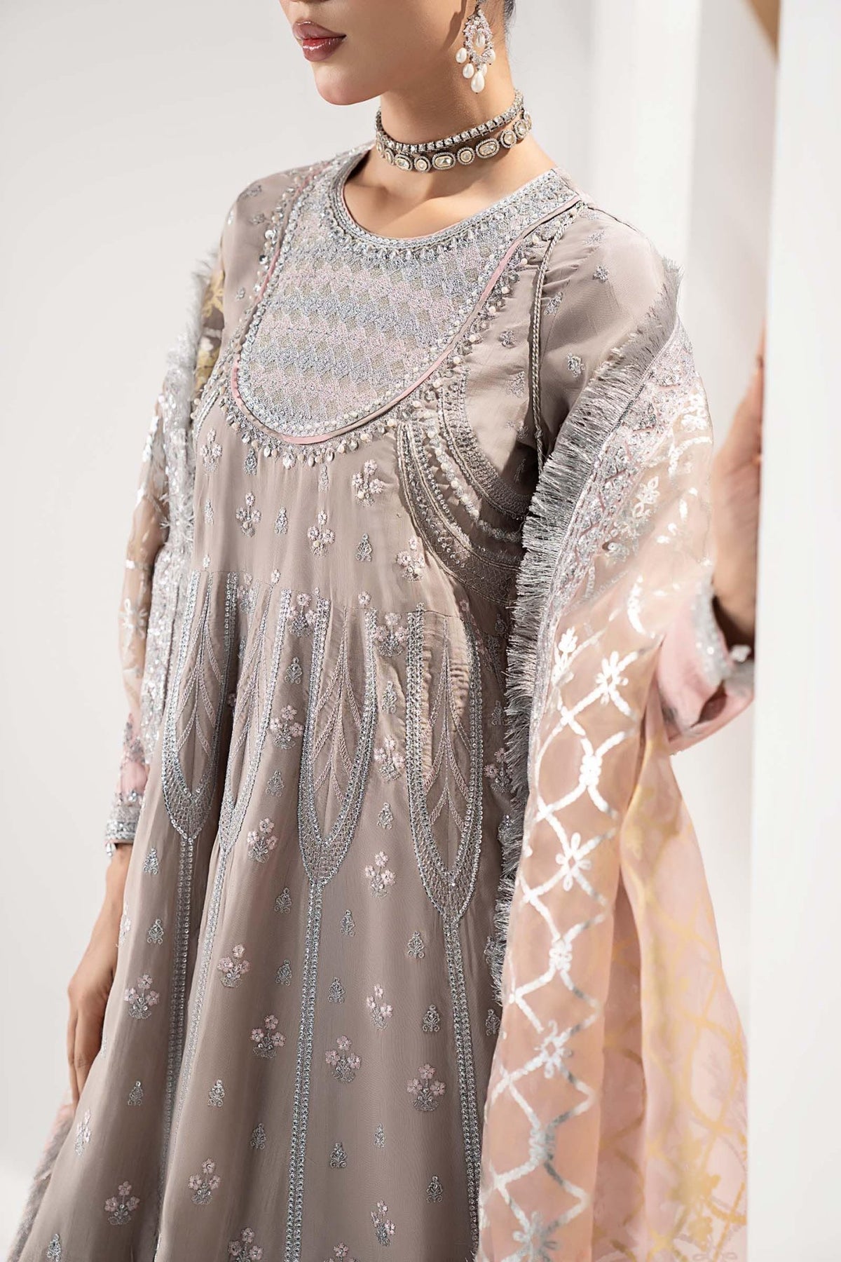 Maria B | RTW | 3 Piece Embroidered Raw Silk Suit-Brand:Maria B-Type:Luxury Formals-Grey - House of Maryam- Buy in UK, USA