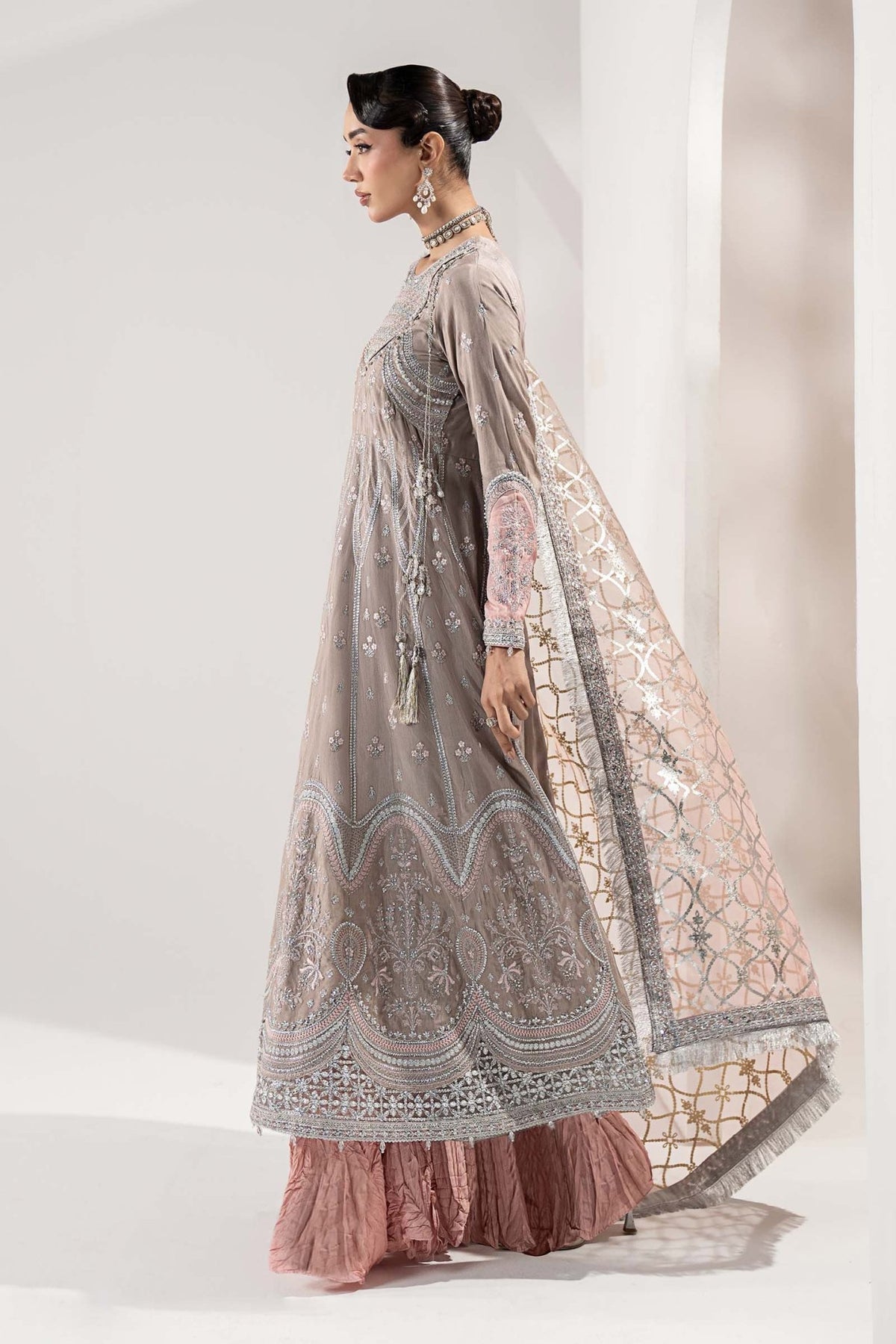 Maria B | RTW | 3 Piece Embroidered Raw Silk Suit-Brand:Maria B-Type:Luxury Formals-Grey - House of Maryam- Buy in UK, USA