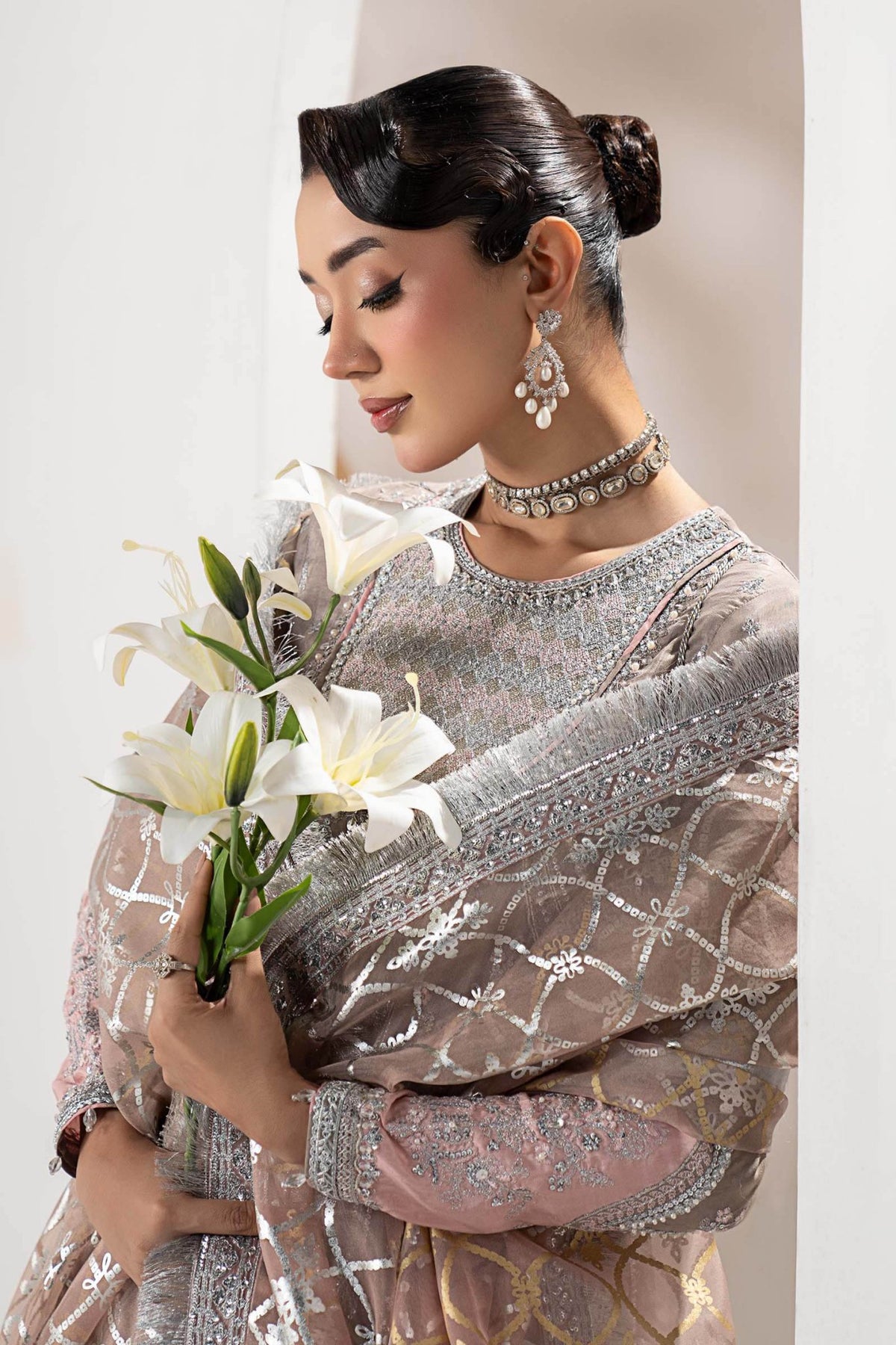 Maria B | RTW | 3 Piece Embroidered Raw Silk Suit-Brand:Maria B-Type:Luxury Formals-Grey - House of Maryam- Buy in UK, USA