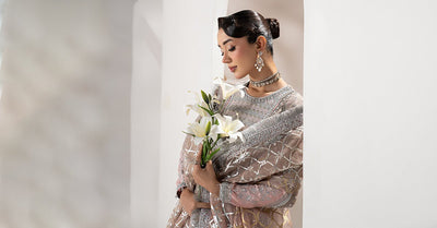 Maria B | RTW | 3 Piece Embroidered Raw Silk Suit-Brand:Maria B-Type:Luxury Formals-Grey - House of Maryam- Buy in UK, USA