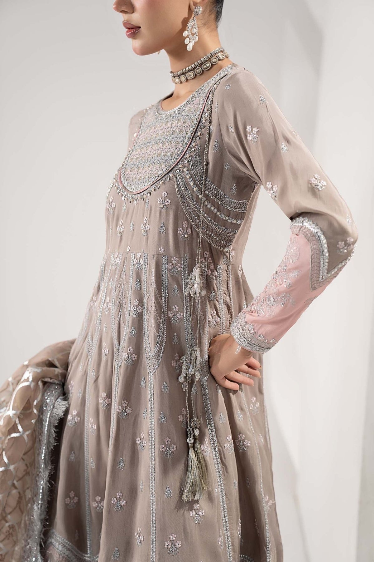 Maria B | RTW | 3 Piece Embroidered Raw Silk Suit-Brand:Maria B-Type:Luxury Formals-Grey - House of Maryam- Buy in UK, USA