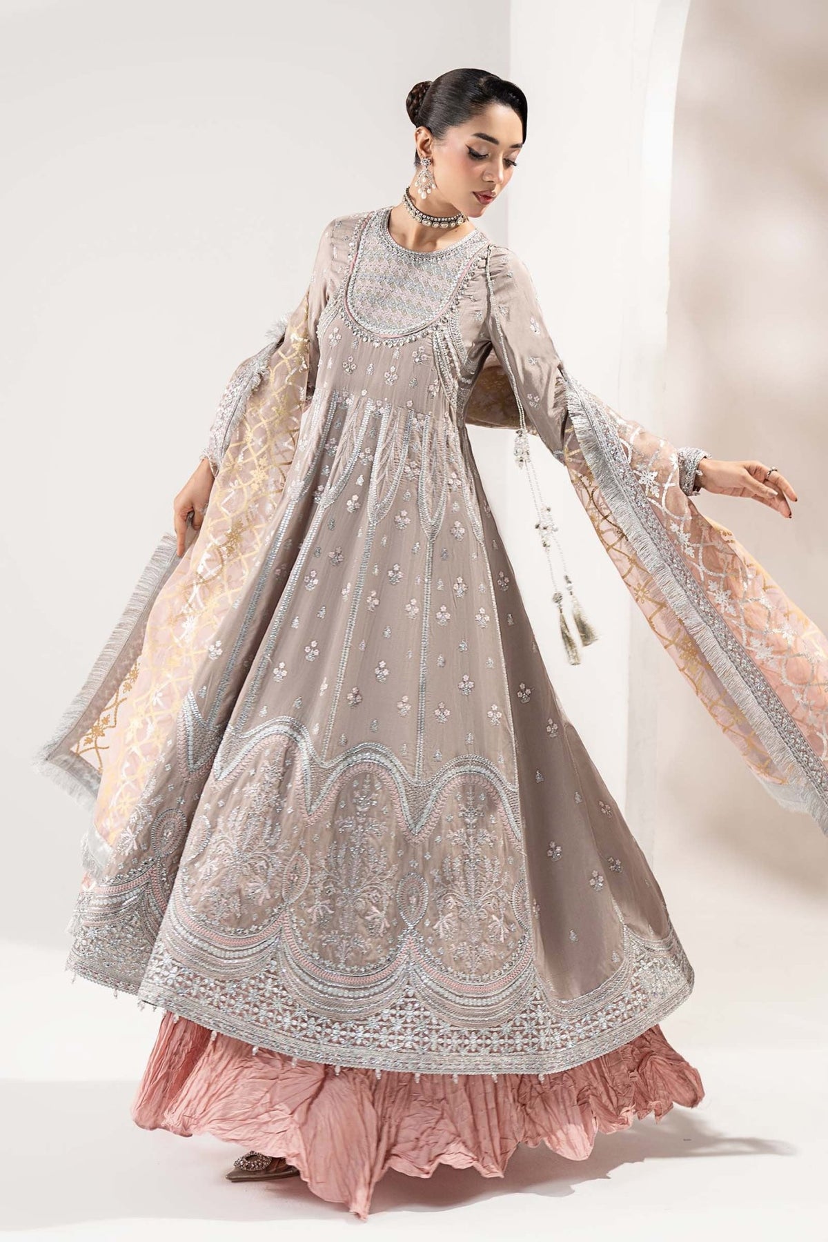 Maria B | RTW | 3 Piece Embroidered Raw Silk Suit-Brand:Maria B-Type:Luxury Formals-Grey - House of Maryam- Buy in UK, USA