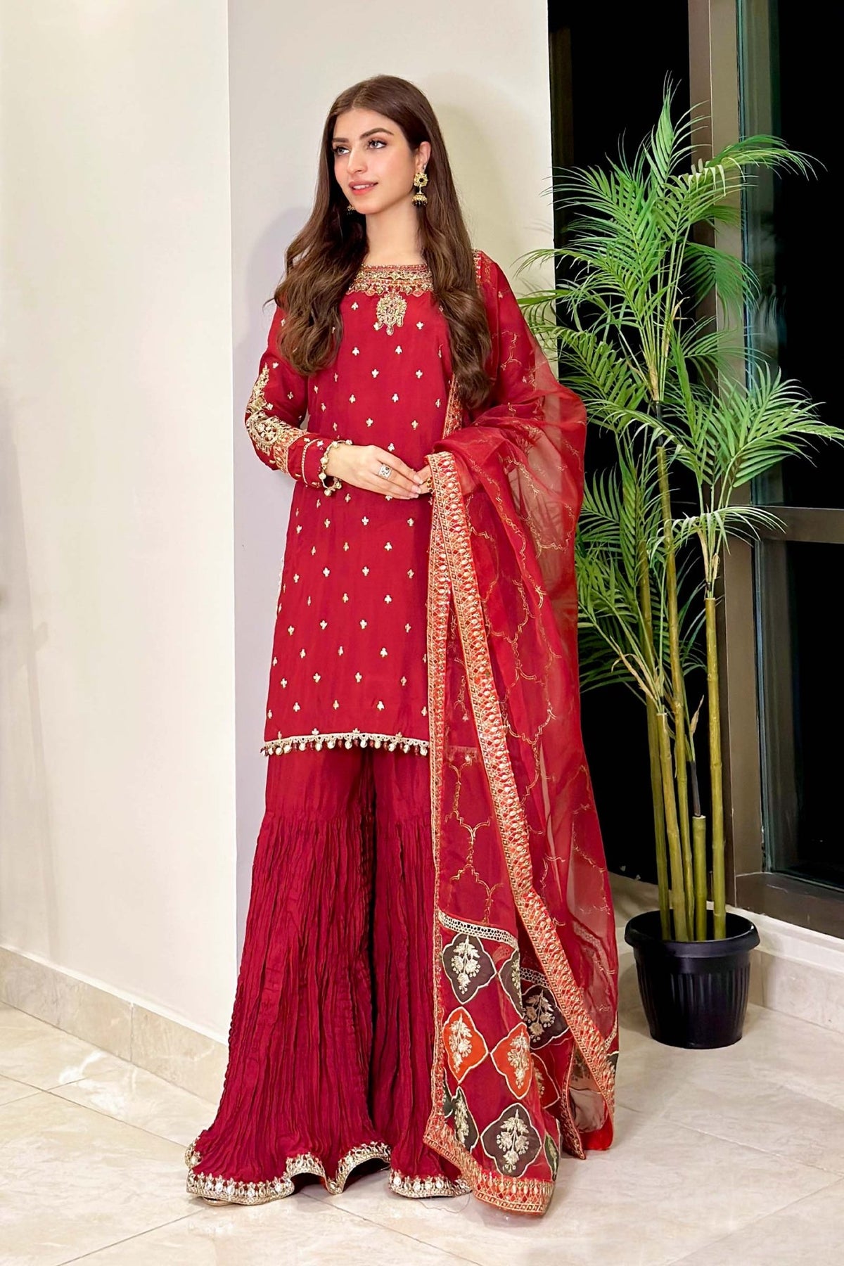 Maria B | RTW | 3 Piece Embroidered Raw Silk Suit-Brand:Maria B-Type:Luxury Formals-Maroon - House of Maryam- Buy in UK, USA