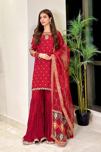 Maria B | RTW | 3 Piece Embroidered Raw Silk Suit-Brand:Maria B-Type:Luxury Formals-Maroon - House of Maryam- Buy in UK, USA