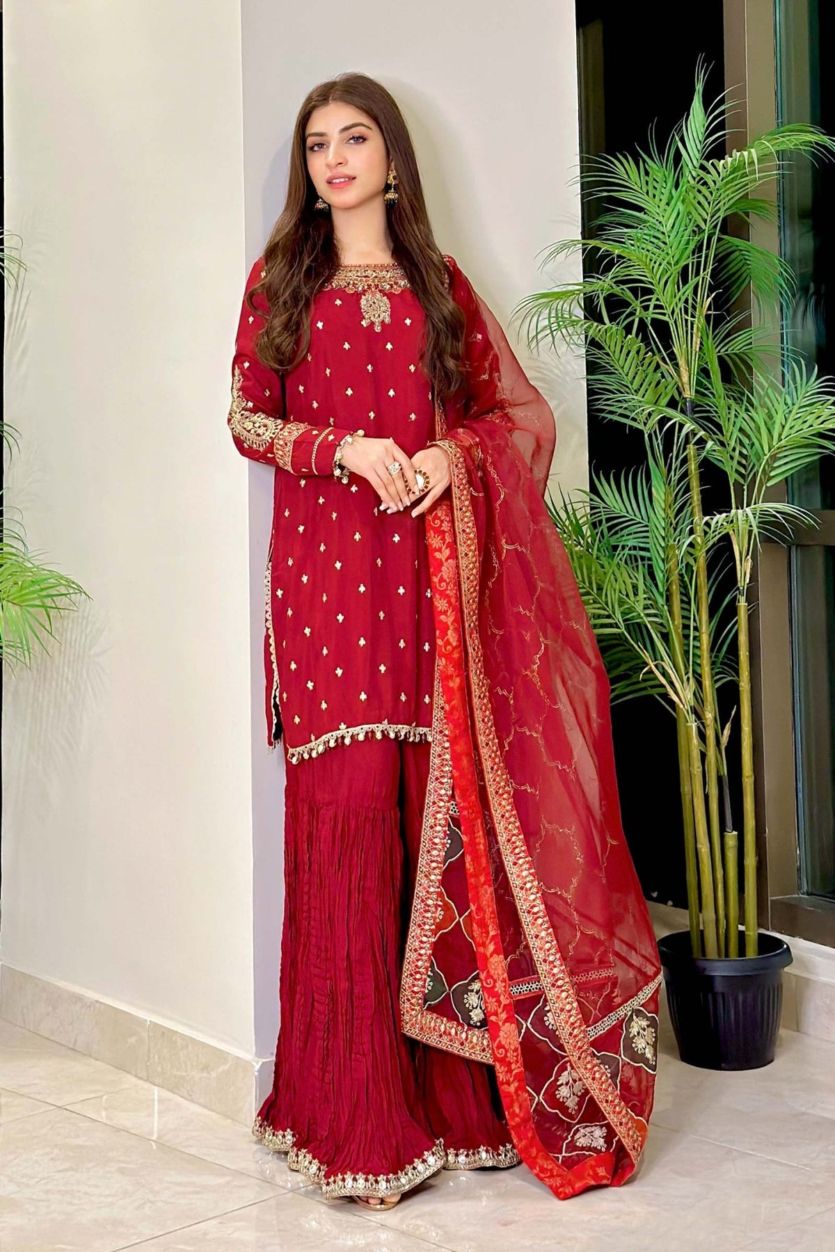 Maria B | RTW | 3 Piece Embroidered Raw Silk Suit-Brand:Maria B-Type:Luxury Formals-Maroon - House of Maryam- Buy in UK, USA